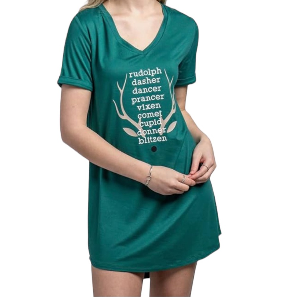 Hello Mello Green Reindeer Lineup V-neck Sleep Shirt NWT L/XL 12-16